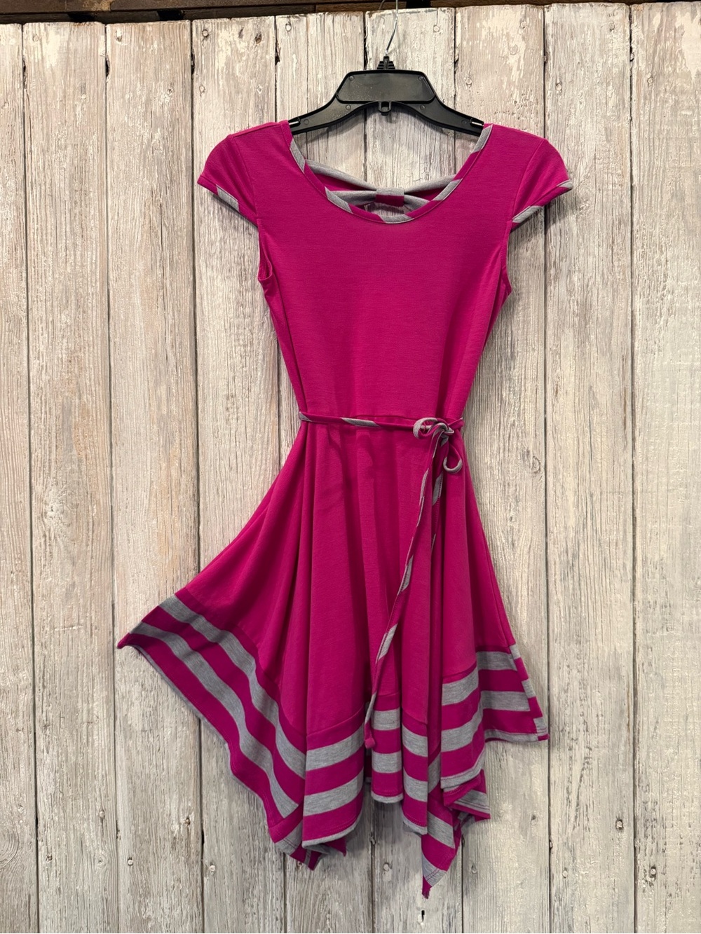 Lilt Fuchsia Handkerchief Hem Dress with Gray Stripe Accents NWT